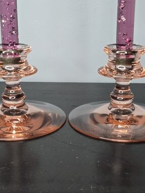 Vintage Fostoria Pink Depression Glass Taper Candlestick Holders Pair of 2